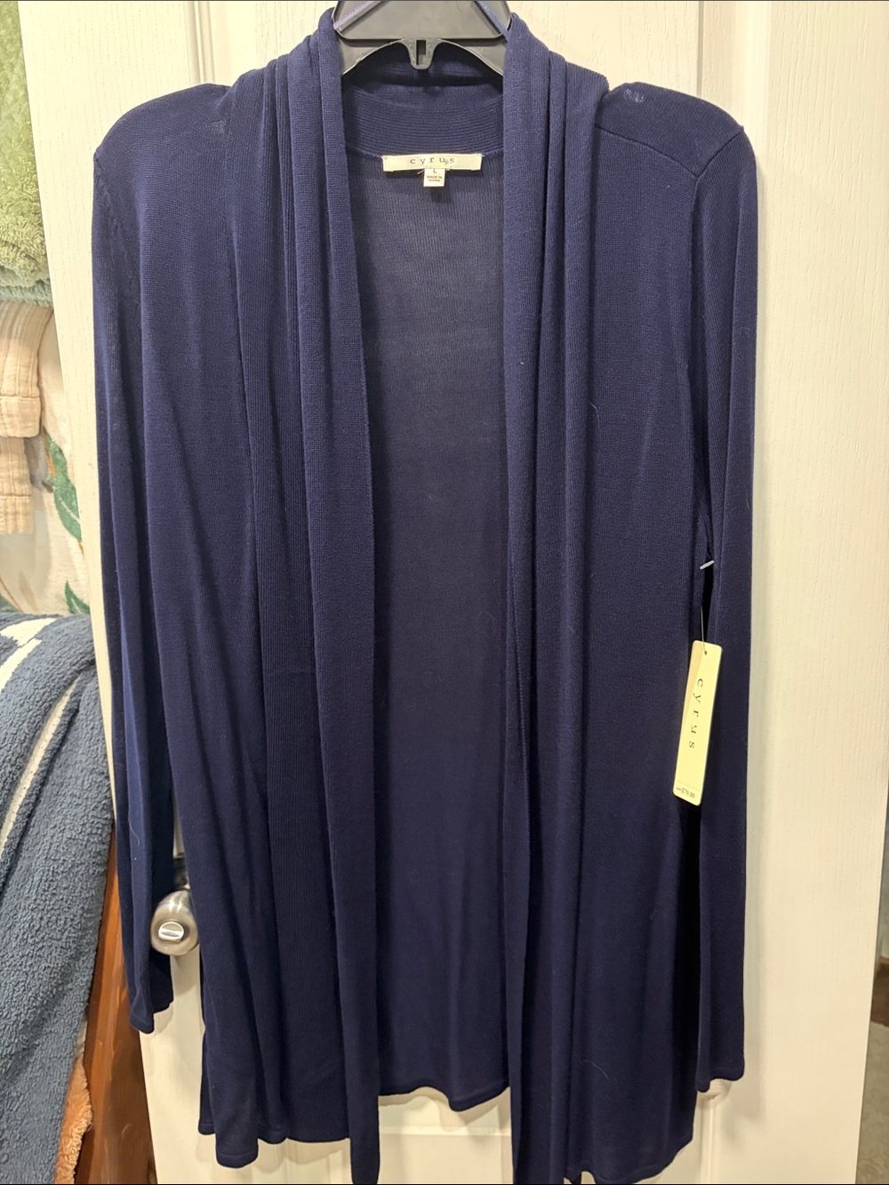 Cyrus Navy Open-Front Draped Cardigan large 💙 NWT